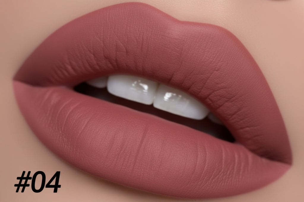 Close-up of a lip with a matte lipstick shade labeled '#04' on a beige background