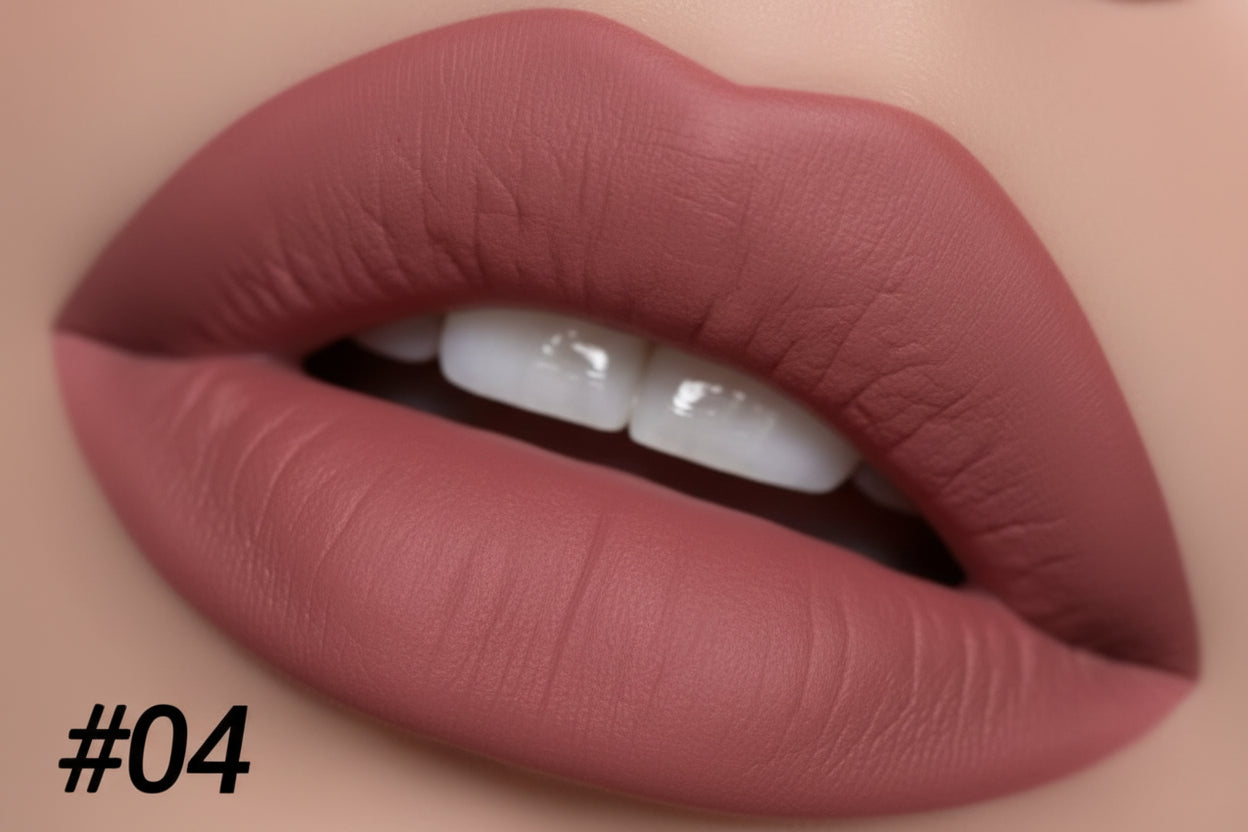 Close-up of a lip with a matte lipstick shade labeled '#04' on a beige background