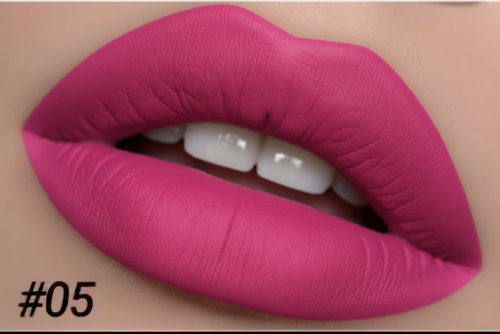 Close-up of a lip with a matte lipstick shade labeled #05.
