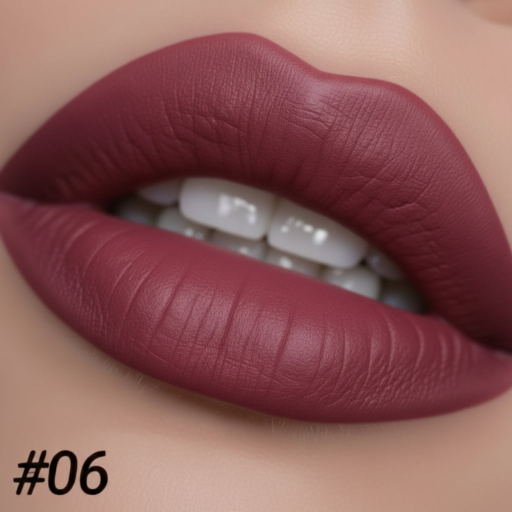 Close-up of a lip with pink lipstick and the shade number 06.