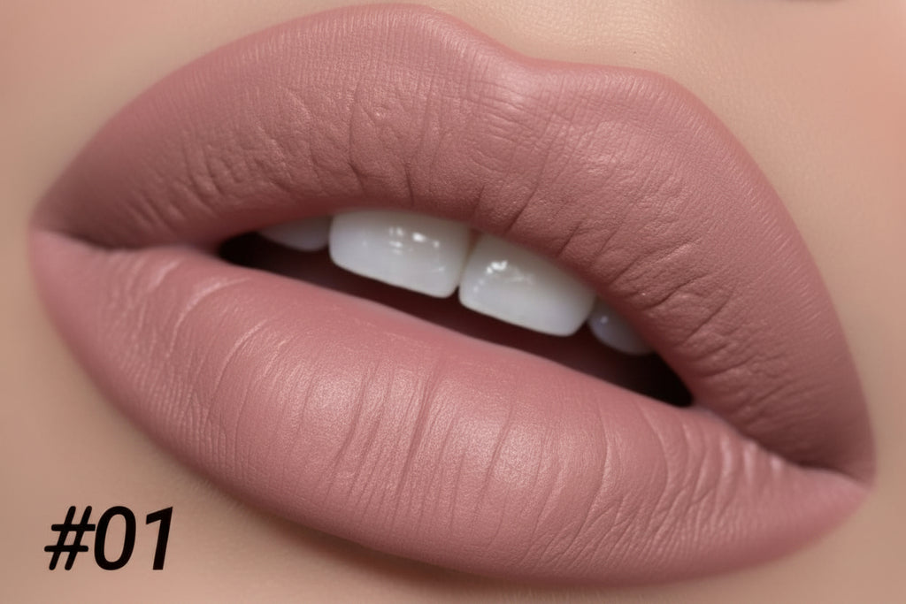 Close-up of a lip with a matte finish and shade labeled #01.
